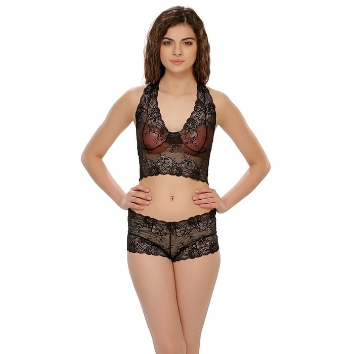 

Clovia 2 Pcs Set - Lace Halter Bralet And Hipster - BP0039P13
