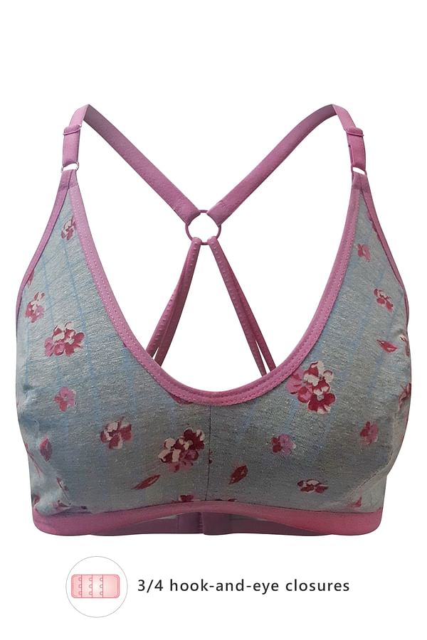 Buy Non Padded Non Wired Full Coverage Floral Print Racerback Bra In Dark Grey Cotton 