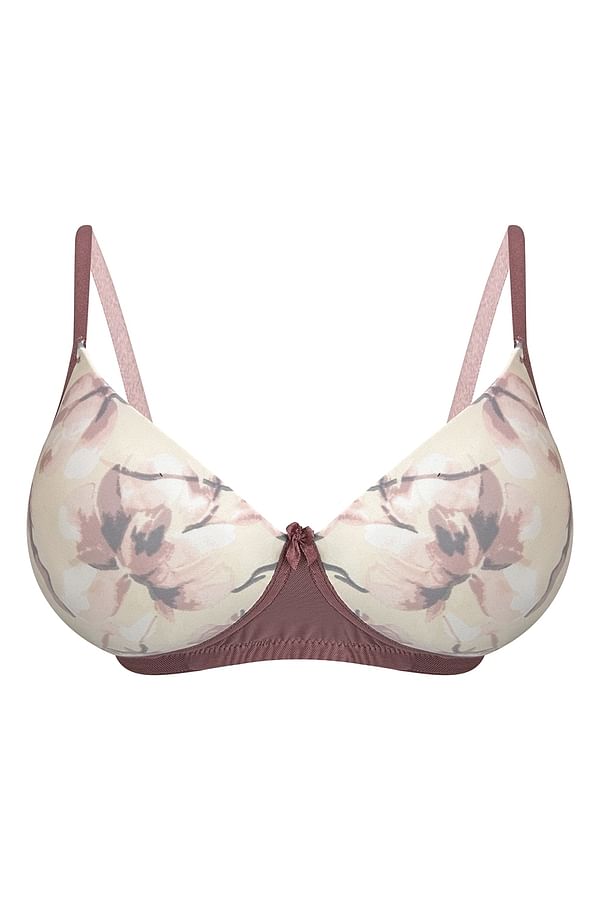 Buy Level 1 Push Up Padded Non Wired Demi Cup Floral Print T Shirt Bra In Cream Colour Online 6521