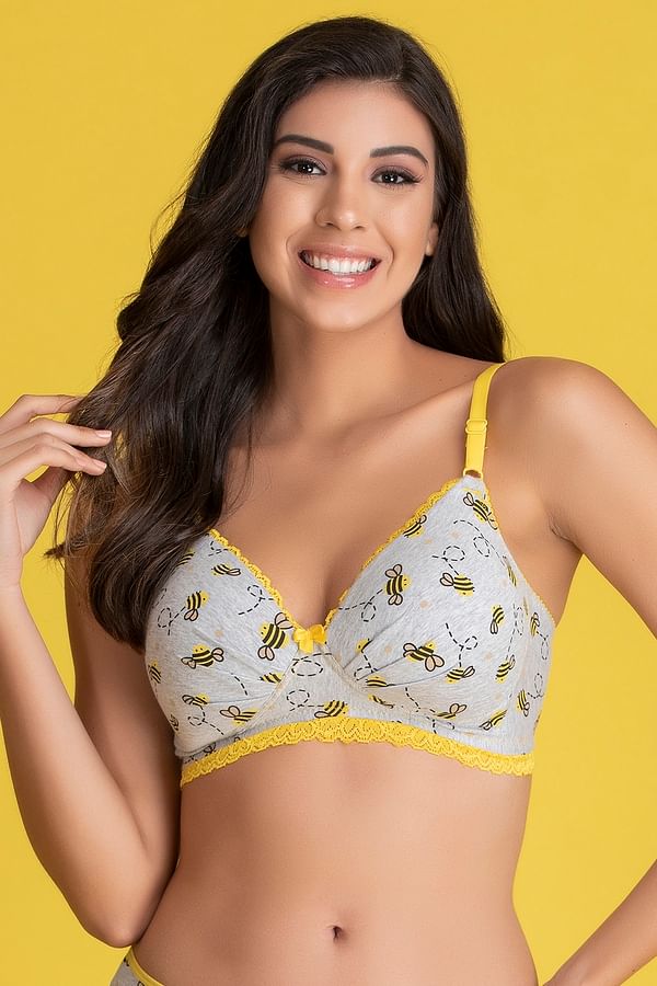 Buy Padded Non Wired Full Cup Bee Print Bra In Grey Cotton And Lace Online India Best Prices 