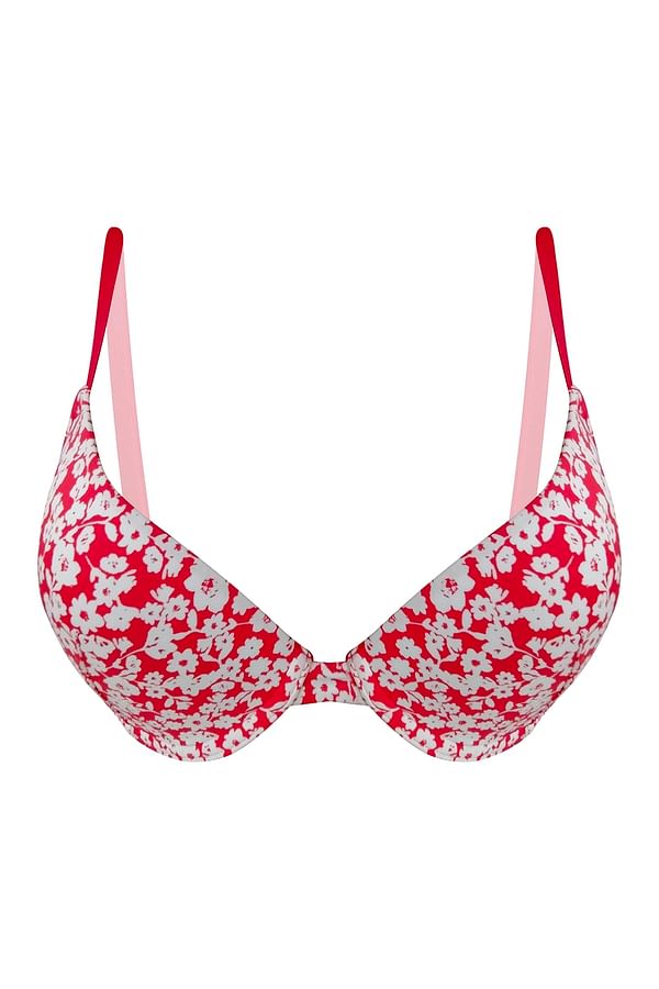 Buy Padded Underwired Demi Cup Floral Print T-shirt Bra in White Online ...