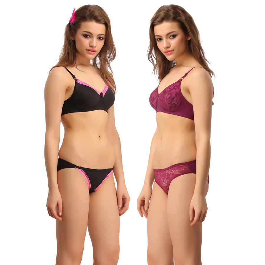 Buy Bra And Panty Set in Black and Dark Purple Color Online India, Best