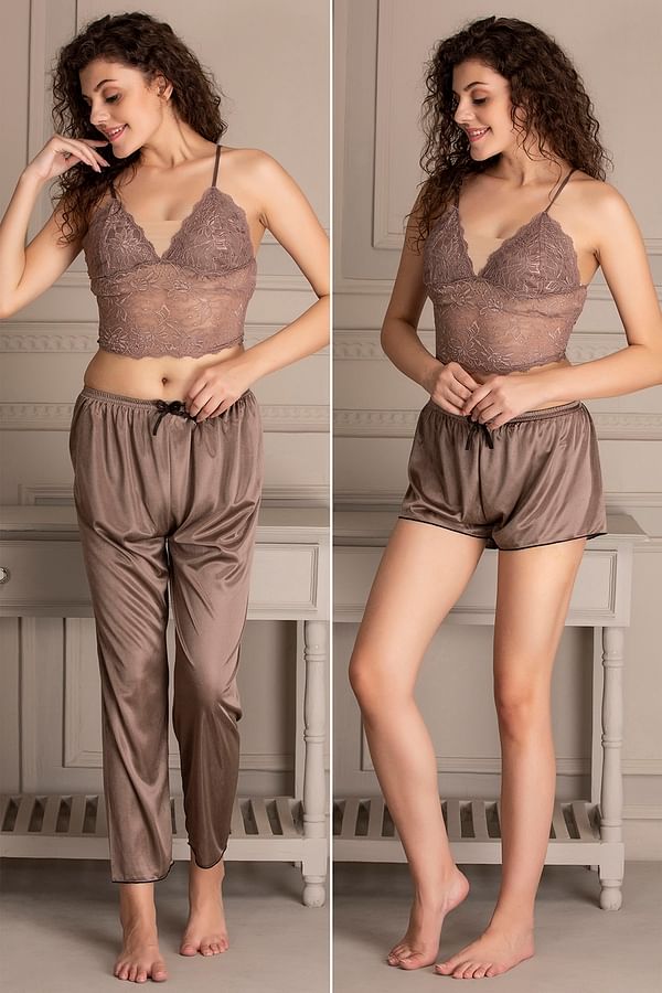 Buy Bralette with Shorts & Pyjama Set in Brown- Lace & Satin