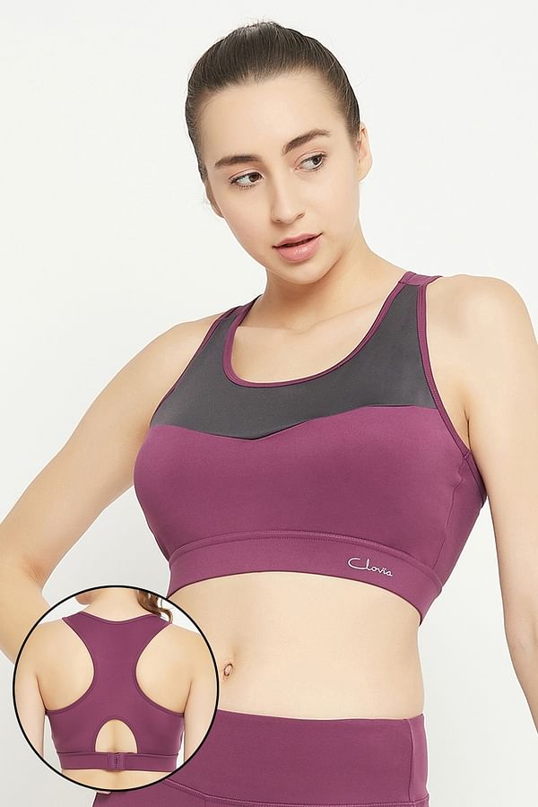 Buy Medium Impact Padded Geometric Print Racerback Active Sports Bra in  Purple with Removable Cups Online India, Best Prices, COD - Clovia -  BRS046A12