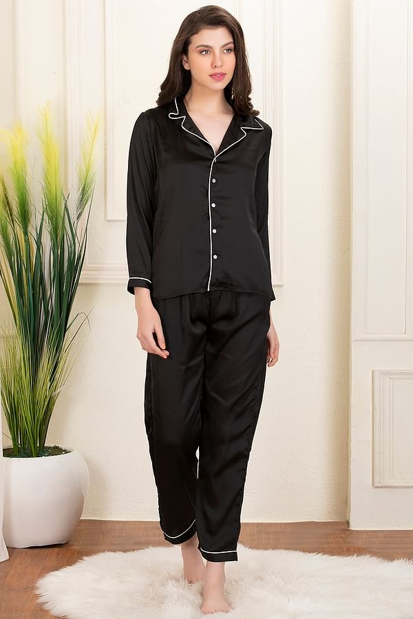 Buy Button Down Shirt & Pyjama Set in Black - Satin Online India, Best ...