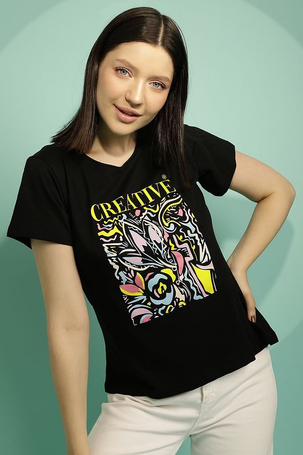 Buy Graphic & Text Print Top in Black - 100% Cotton Online India, Best ...