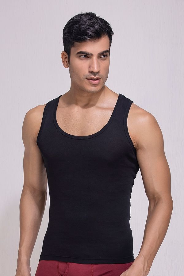 Buy John Players Classic Ribbed Cotton Vest in Black Online India, Best ...