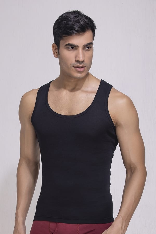 Buy John Players Classic Ribbed Cotton Vest in Black Online India, Best