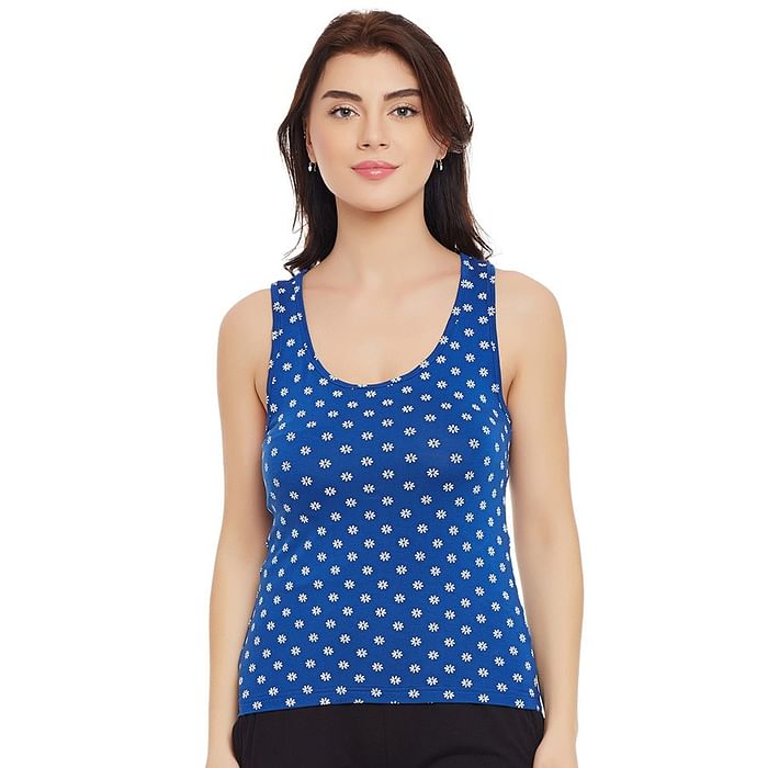 

Clovia Stretchable Cotton Floral Print Tank Top - CM0011P08, Navy