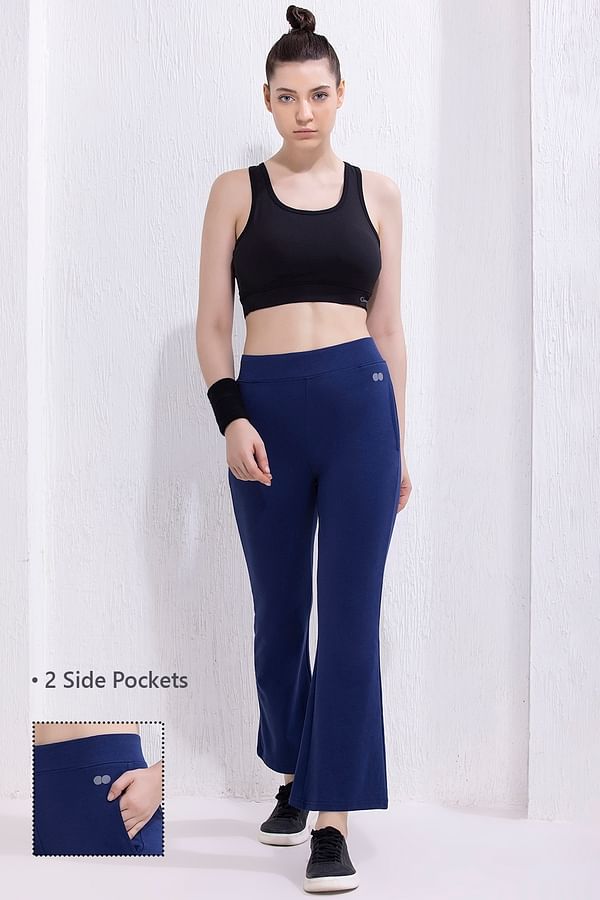 Buy Comfort Fit High-Rise Flared Yoga Pants in Navy with Side Pockets ...