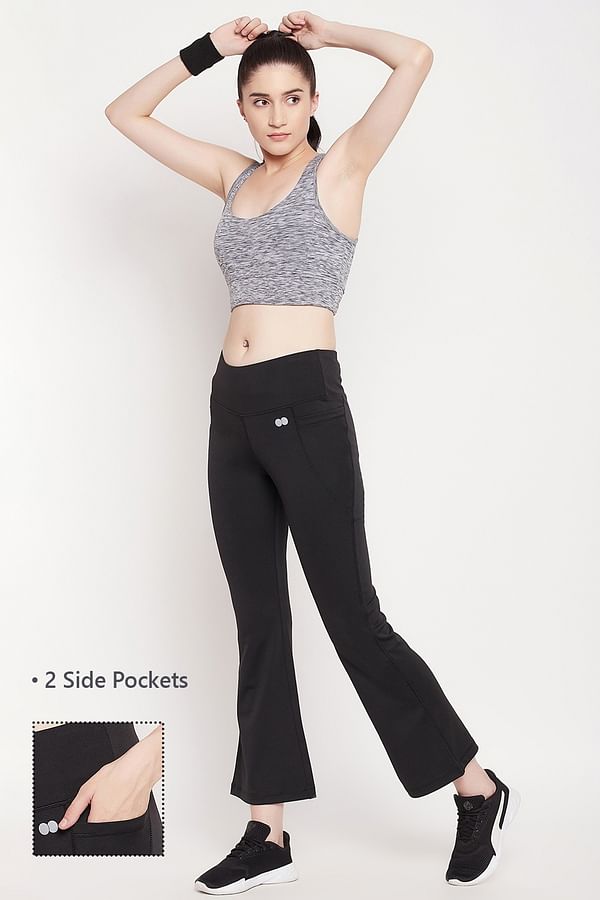 Buy High Waist Flared Yoga Pants in Black with Side Pockets Online ...