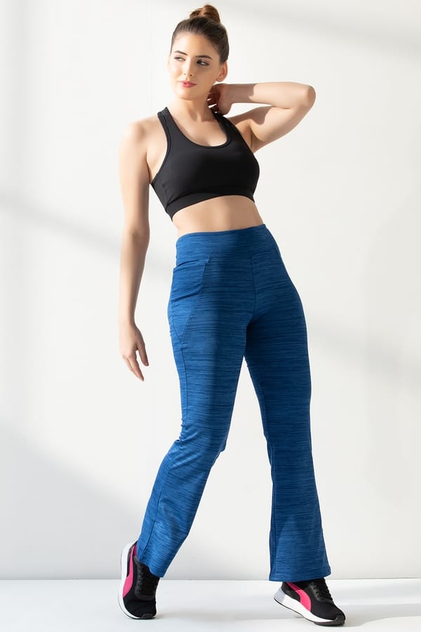 Buy High Waist Flared Yoga Pants in Dark Blue Melange with Side Pocket