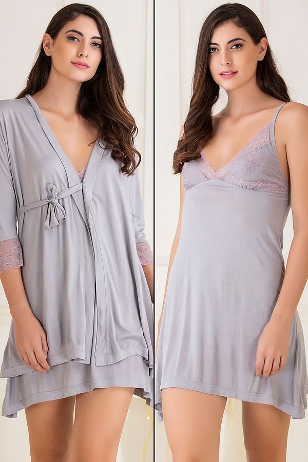 Buy Cotton Base Short Night Dress with Robe Online India