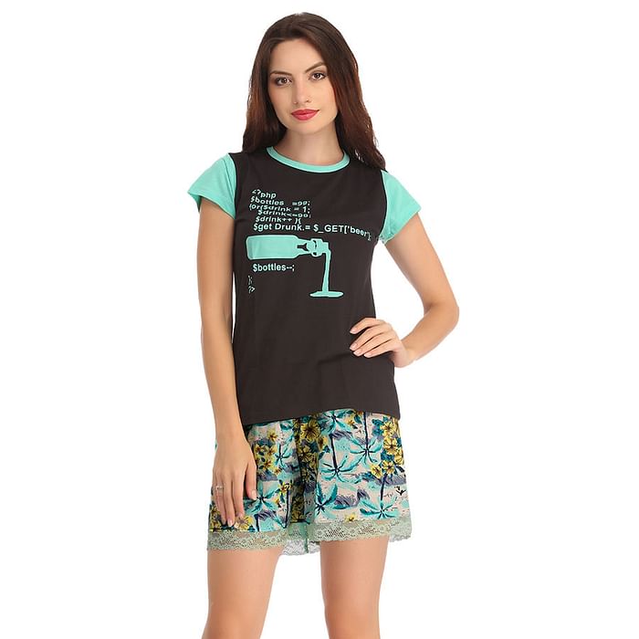 

Clovia Cotton Black T-Shirt With Printed Shorts - LSC514P13