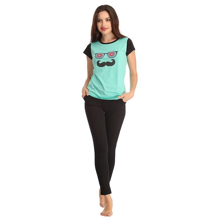 

Clovia Cotton Blue Graphic T-Shirt With Fitted Leggings - LSC512P11, Light green