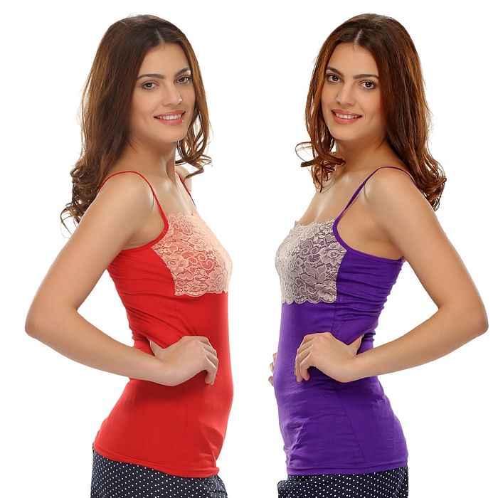 

Clovia Set Of 2: Cotton Camisoles With Contrast Lace - NSC487P99, Assorted
