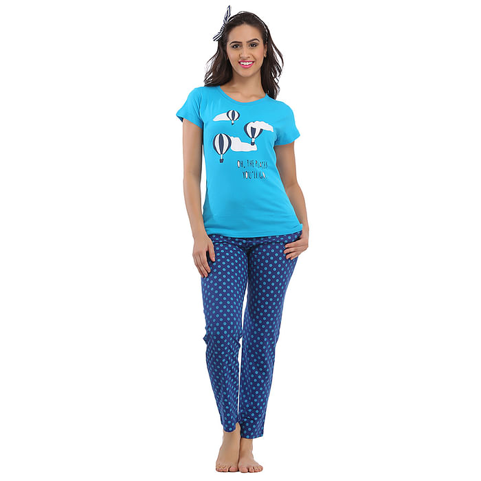 

Clovia Cotton Graphic T-Shirt & FulL Length Pyjama - Blue - NSSC09Q03, Light blue