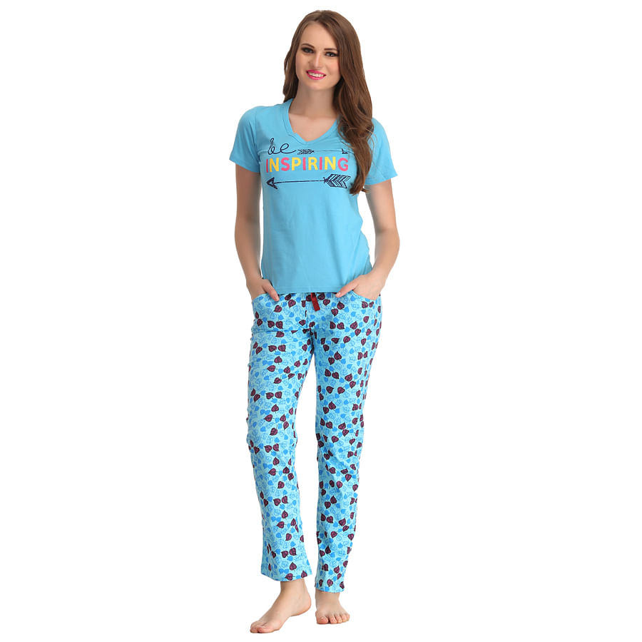 Buy Cotton Graphic T-shirt & Printed Pyjama In Blue Online India, Best ...