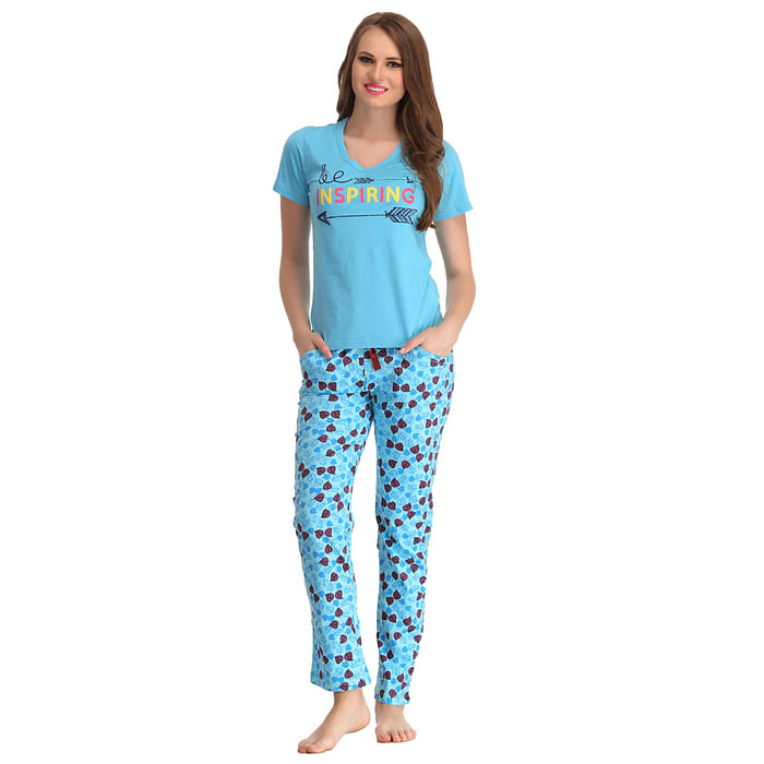 

Clovia Cotton Graphic T-shirt & Printed Pyjama In Blue - LTC060P03, Light blue