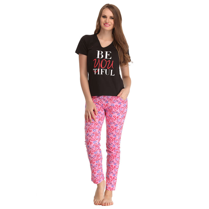

Clovia Cotton Graphic T-shirt & Printed Pyjamas In Black & Pink - LTC060P13