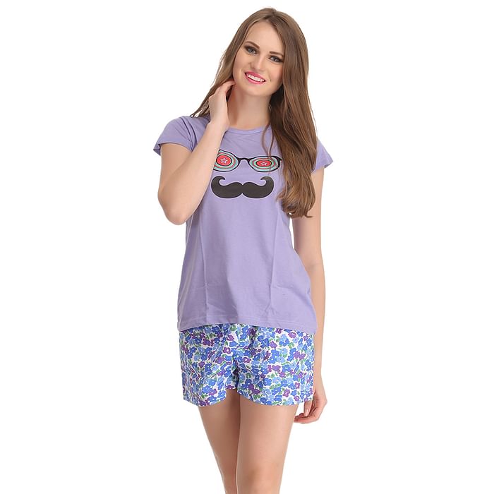 

Clovia Cotton Spandex T-shirt & Shorts In Purple & Blue - LTC010Q12, Lavender