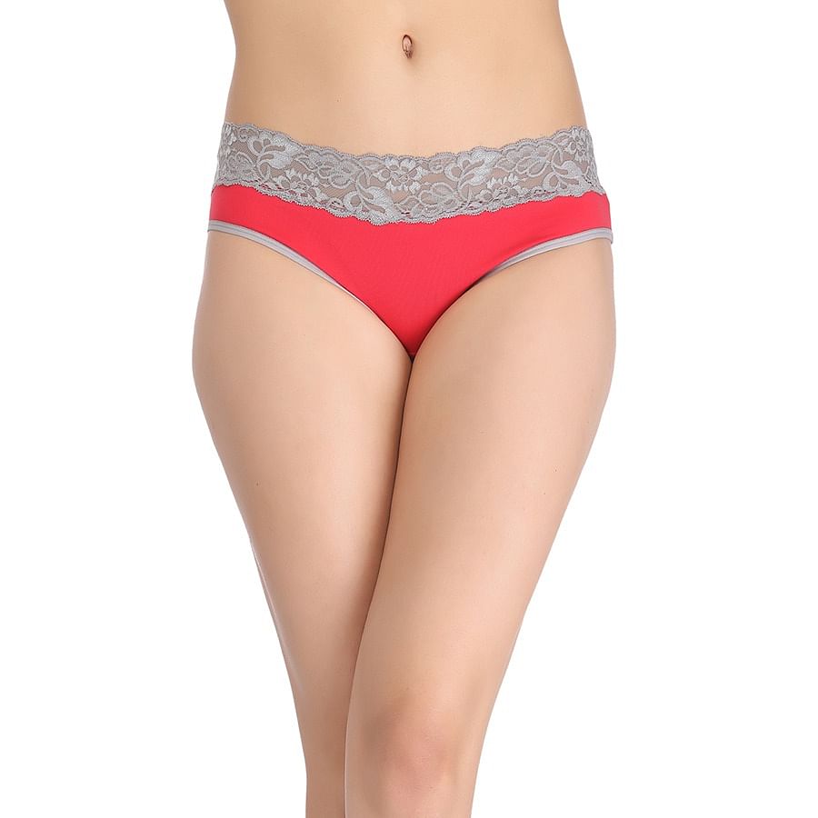 Buy Clovia Women's Lace Mid Waist Bikini Panty (PN2602P04_Red_S