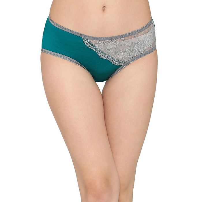 

Clovia Cotton Mid Waist Hipster Panty with Lace Panel - PN2725P17, Dark green