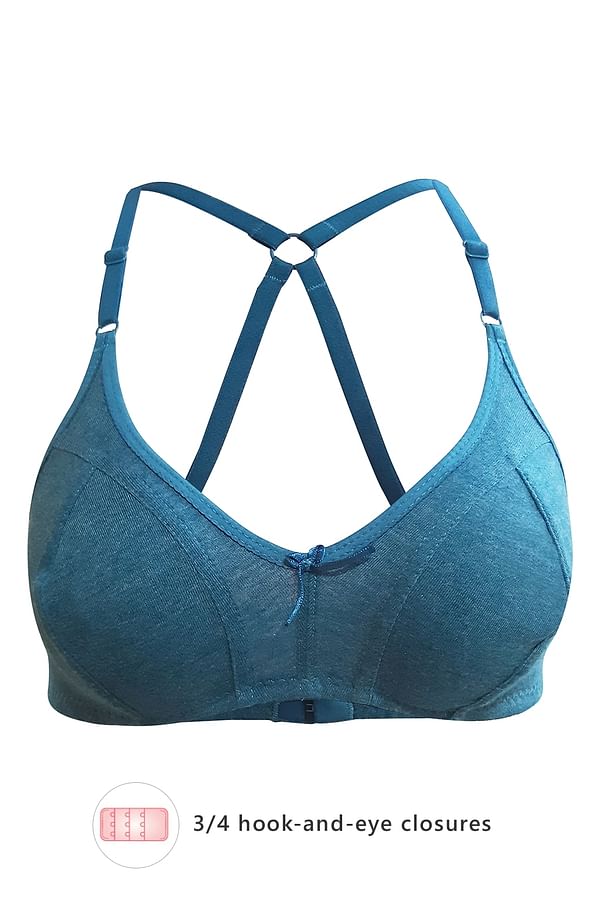 Buy Non Padded Non Wired Full Coverage Racerback Bra In Blue Cotton 