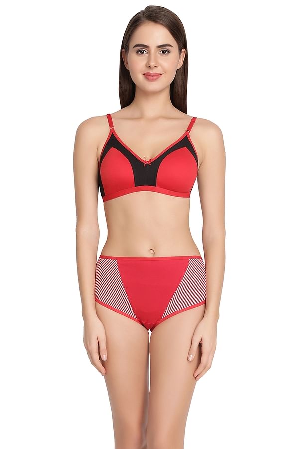 Buy Non Padded Non Wired T Shirt Bra With Hipster Panty In Red Cotton Rich Online India Best 7631