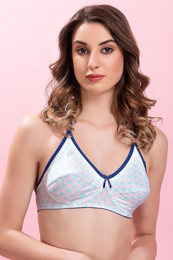 Buy Non Wired Non Padded Printed Bra With Racerback In Green Cotton 