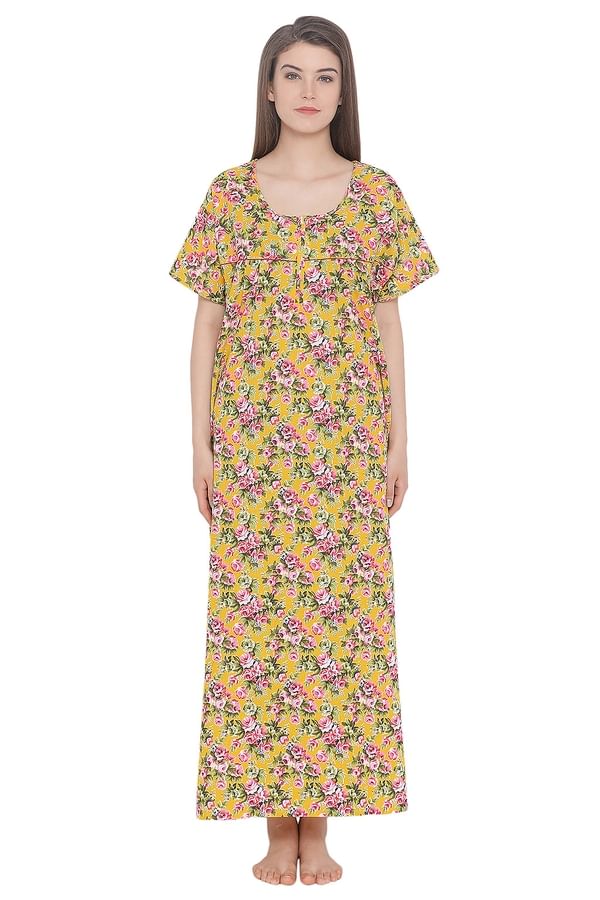 Buy Cotton Rich Printed Long Night Dress In Yellow Online India, Best