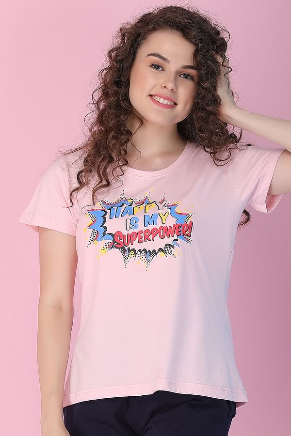 Buy Happy Is My Superpower Top in Pink- Cotton Rich Online India, Best ...