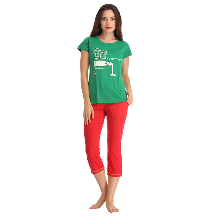 

Clovia Cotton Round Neck Green Top & Red Capri - LSC523P17, Dark green