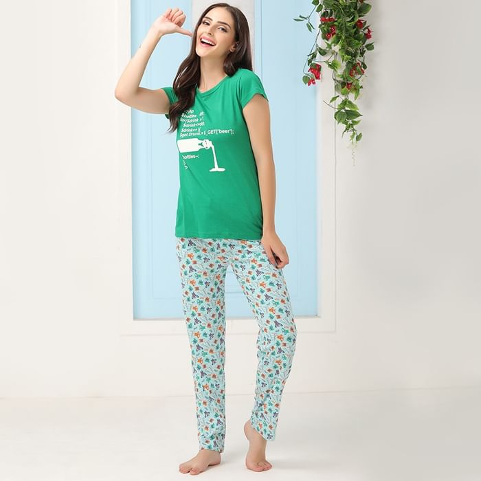 

Clovia Cotton T-shirt & Pyjama Set In Green - LTC010P17, Dark green