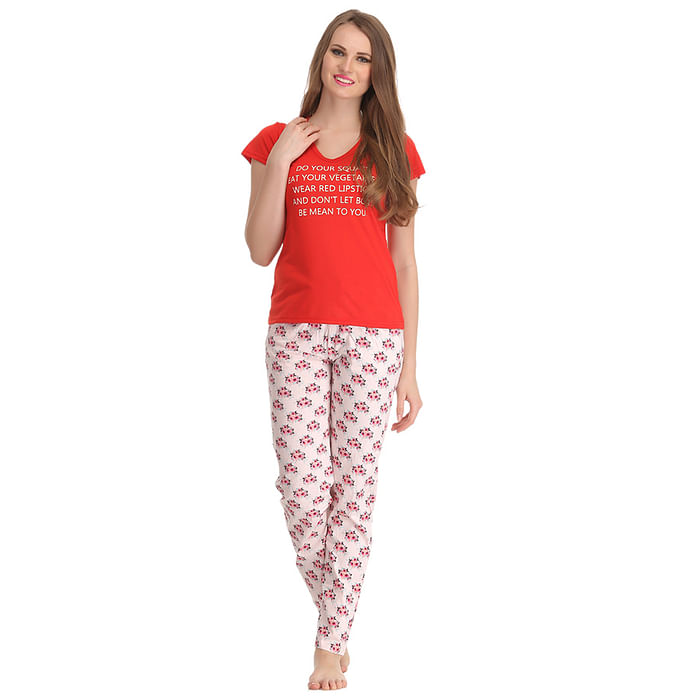 

Clovia Cotton T-shirt Pyjama Set In Red & Orange - LTC060P04