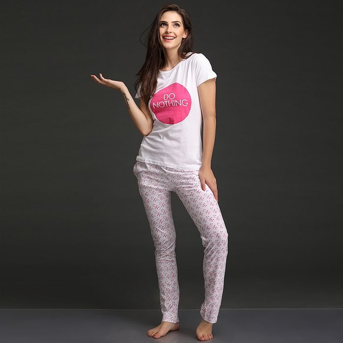 

Clovia Cotton T-shirt & Pyjama Set In White - LTC020P18