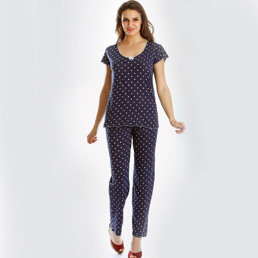 Buy Cute Polka Dot Cotton Pajama Set In Navy Online India, Best Prices ...