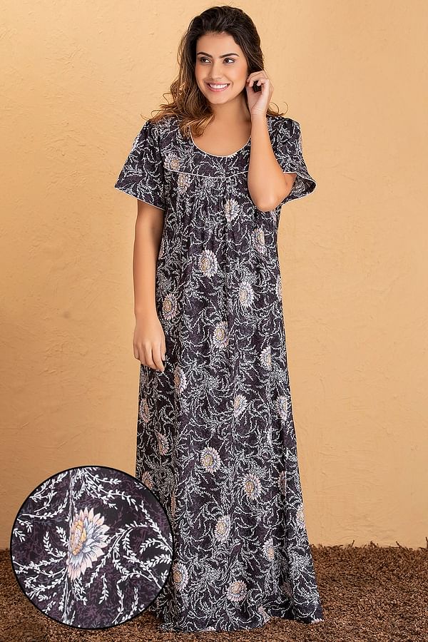 Buy Floral Print Night Dress in Black - Cotton Rich Online India, Best ...