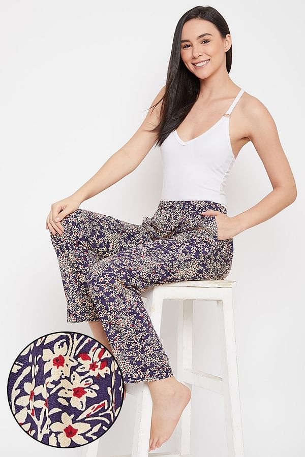 Buy Floral Print Pyjama in Navy - Rayon Online India, Best Prices, COD ...