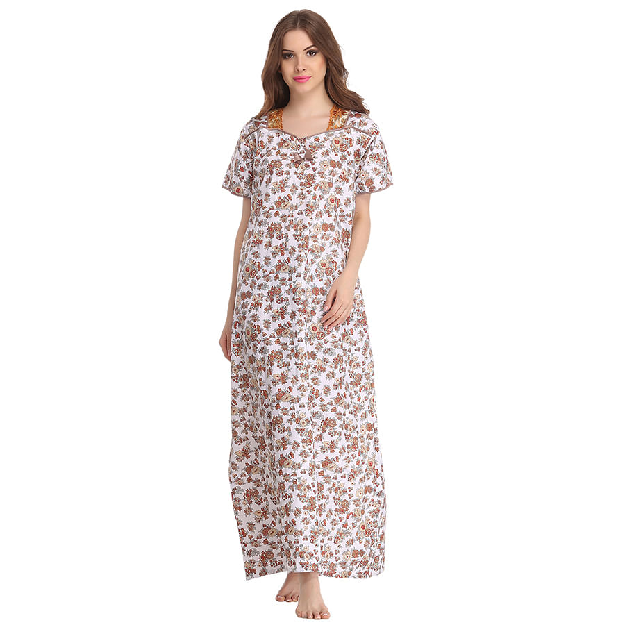 Buy Floral Printed Soft Long Nighty in Light Brown Color Online India ...