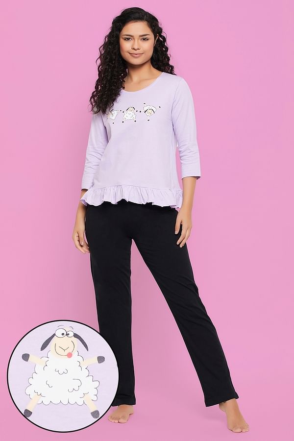 Buy Graphic Print Top in Lilac & Chic Basic Pyjama in Black - 100% ...
