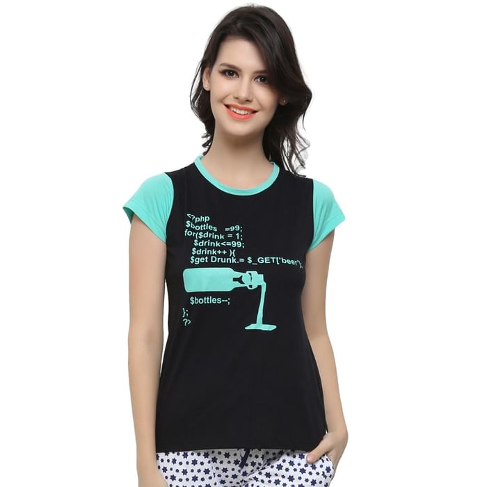 

Clovia 2Pc Graphic T-Shirt With Short - LTC040P13, Black