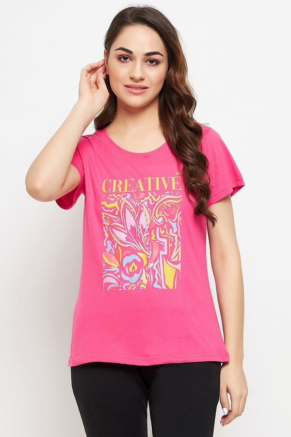Buy Graphic & Text Print Top in Hot Pink - 100% cotton Online India ...