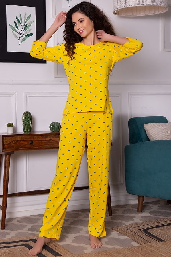 Buy Heart Print Top Pyjama Set in Yellow 100 Cotton Online