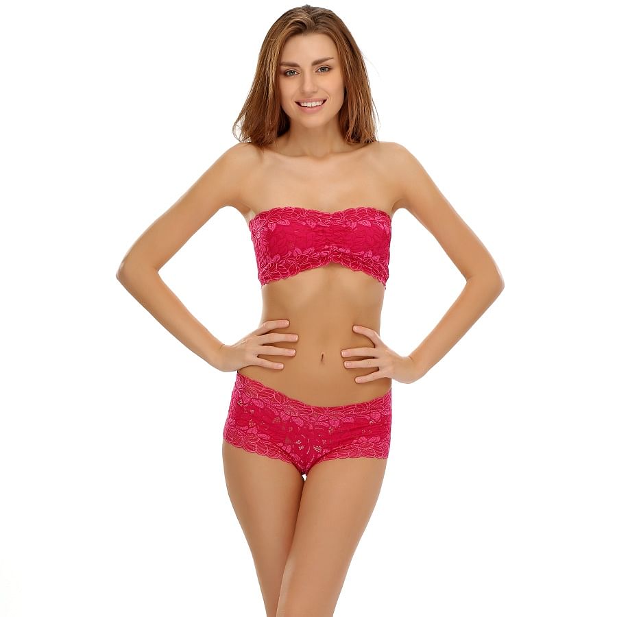Lace Tube Bra & Panty Set In Hot Pink