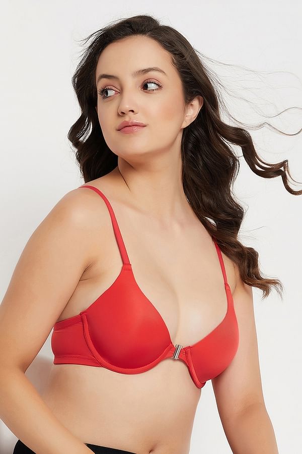 Level 1 Push-Up Padded Underwired Demi Cup Front Open Plunge Bra in Red