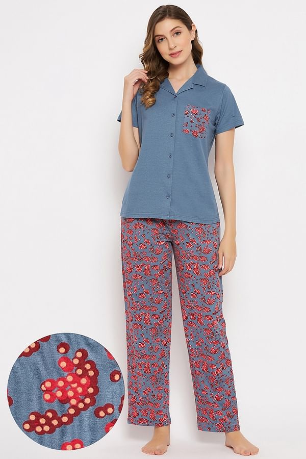 Buy Print Me Pretty Button Down Shirt & Pyjama Set in Yale Blue - 100% ...