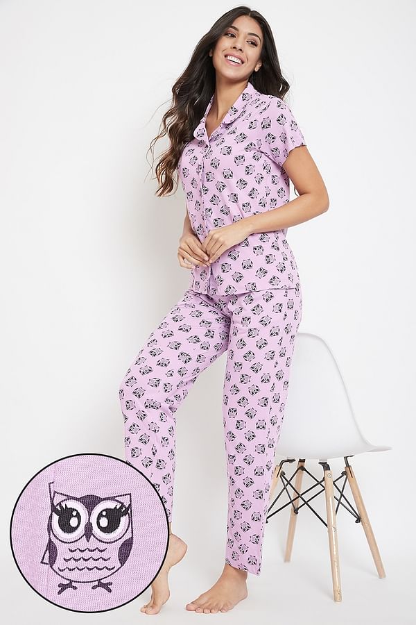 Owl Print Button Me Up Shirt & Pyjama Set in Lilac - Cotton Rich