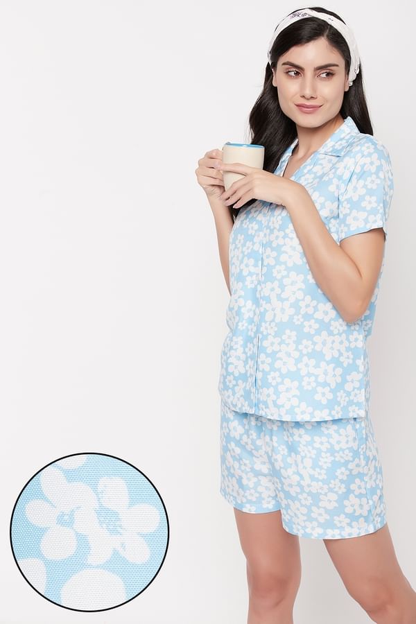 Buy Pretty Florals Button Down Shirt & Shorts Set in Sky Blue Rayon