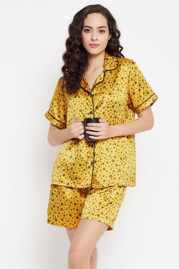 Buy Dot Print Button Down Shirt & Shorts Set in Yellow Satin Online India, Best Prices, COD